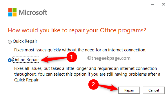 Office365オンライン修復の変更最小