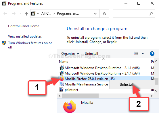 โปรแกรมและคุณสมบัติ Mozilla Firefox ถอนการติดตั้ง