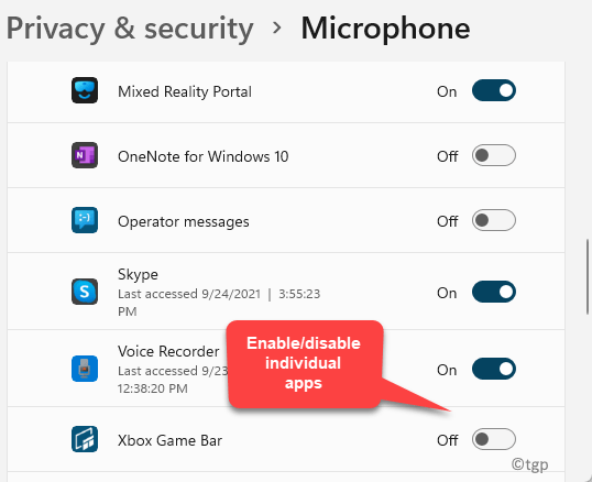 Privacidad y seguridad Micrófono Activar o desactivar aplicaciones individuales Mín.