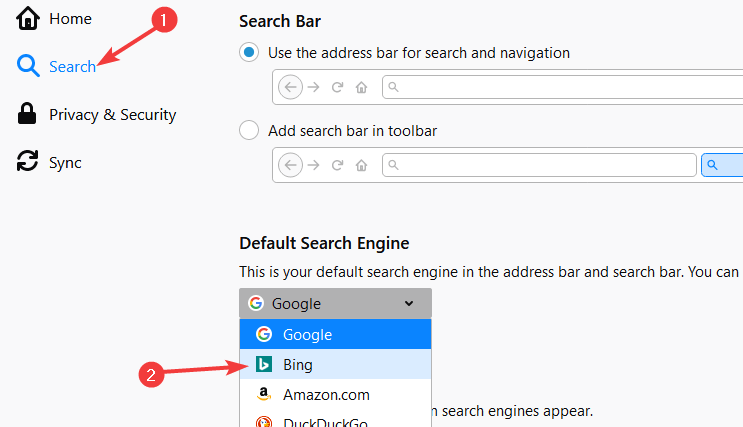 standard sökmotor Firefox bing webbläsare