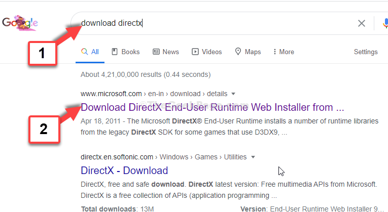 Google 검색 Microsoft에서 Directx 첫 번째 링크 다운로드