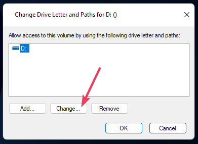 Промяна на опцията за промяна на буквата на устройството windows 11