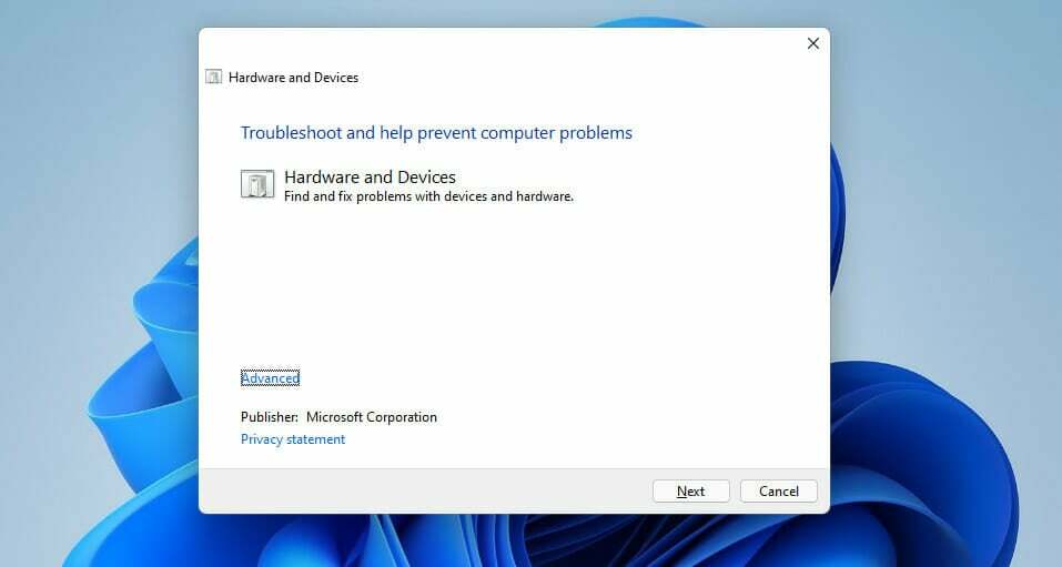Orodje za odpravljanje težav s strojno opremo in napravami Zaslon na dotik Windows 11 ne deluje