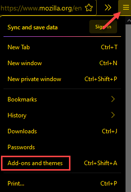 Firefox Відкрийте меню програм Додати теми та теми