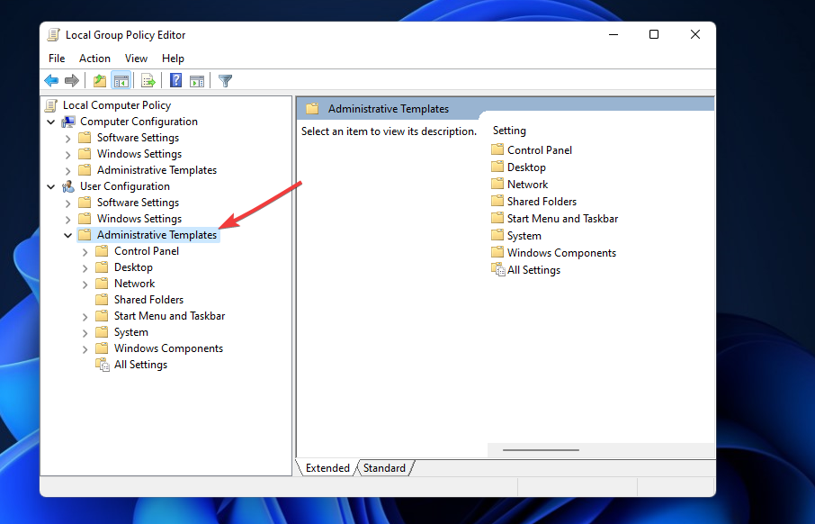 Kohaliku rühmapoliitika redaktori akna Windows 11 tegevuskeskus ei avane