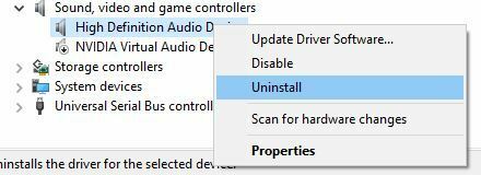 Device Manager Uninstall Device Zvočna naprava je onemogočena v sistemu Windows 10 