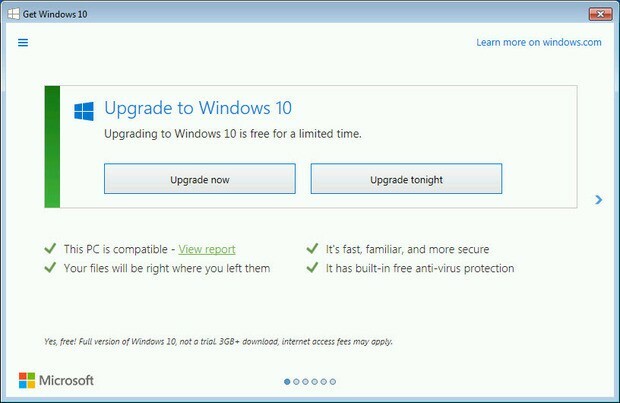 Microsoft는 Windows 10으로 '지금 업그레이드'또는 '오늘 밤 업그레이드'를 원합니다.