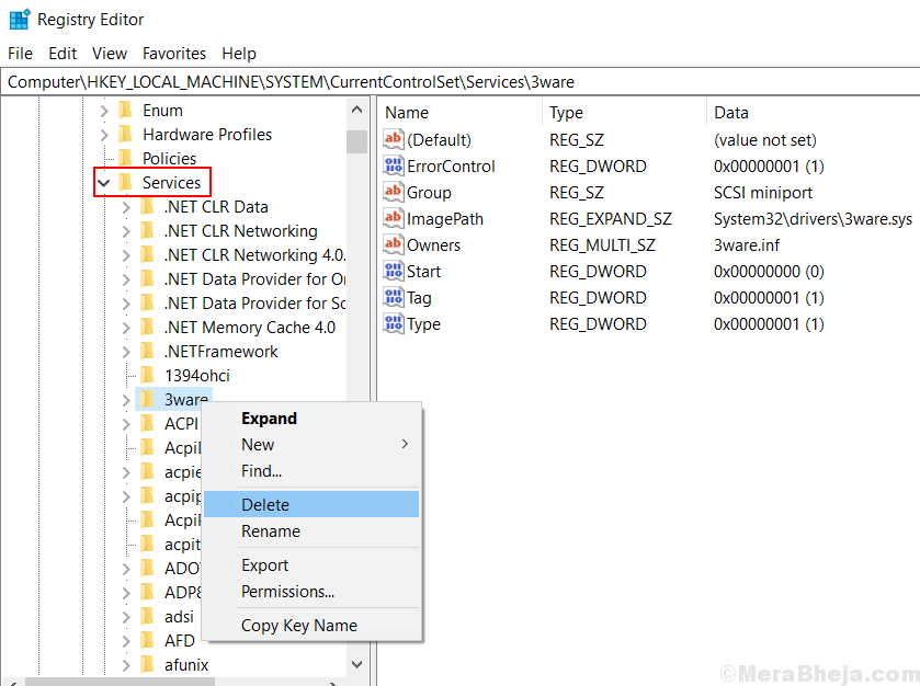 Ștergeți serviciul din Registry Editor Windows 10