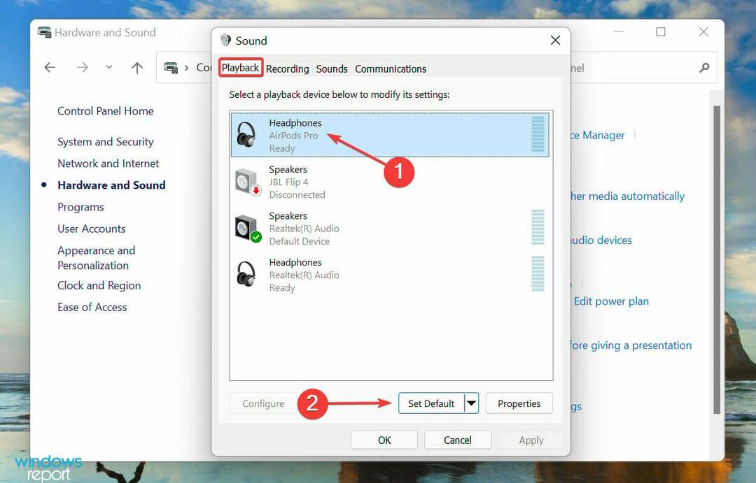 Windows 11'de çalışmayan airpod'ları düzeltmek için varsayılan cihazı ayarlayın