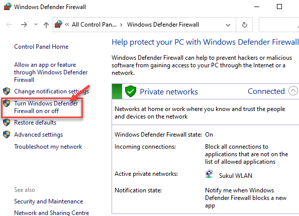 แผงควบคุมไฟร์วอลล์ Windows Defender เปิดหรือปิดไฟร์วอลล์ Windows Defender
