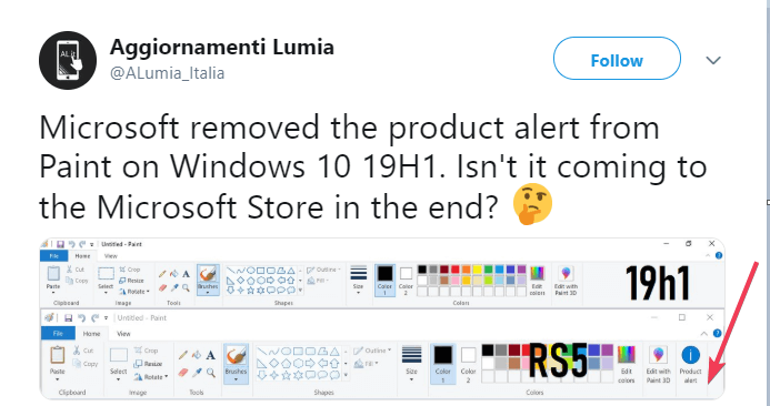 alerte de produit de peinture Microsoft supprimée