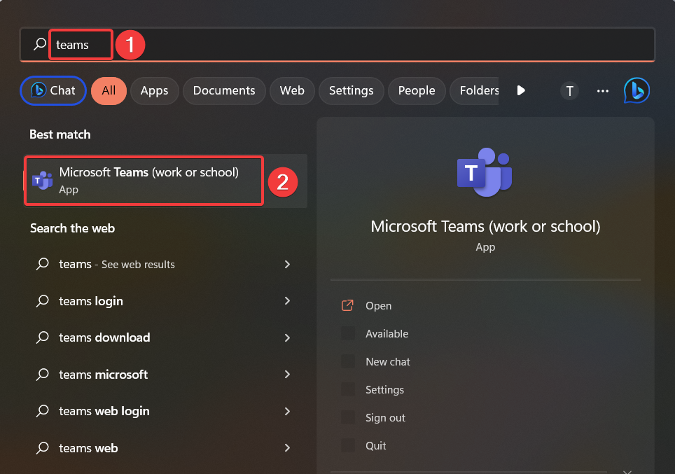 Поиск Microsoft Teams из меню «Пуск»