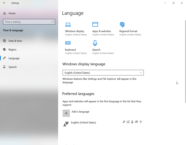 Page des paramètres de langue de Windows