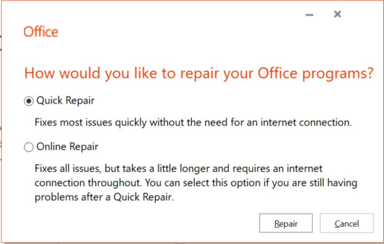 Options de réparation d'Office 2016 erreur d'accès à Microsoft Office lors du chargement de la dll