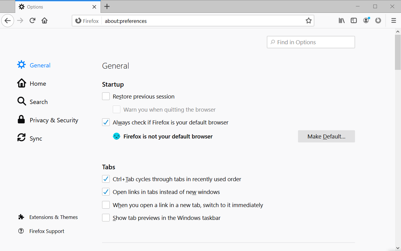 Kartica Mogućnosti Firefoxa Pričekajte ako poruku ne zamijeni odgovarajući sadržaj