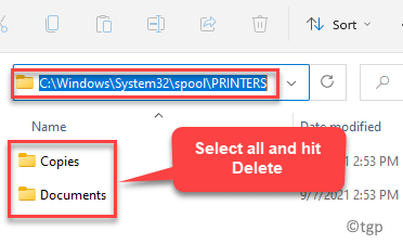 फ़ाइल एक्सप्लोरर प्रिंटर पथ पर नेविगेट करें सभी फ़ाइलों और फ़ोल्डरों का चयन करें हटाएं न्यूनतम