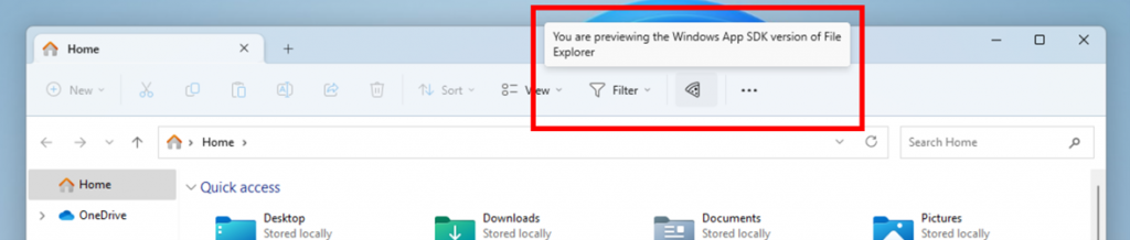 Pictograma Pizza din bara de comandă a File Explorer pentru a indica previzualizarea versiunii Windows App SDK a File Explorer.