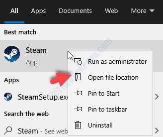 Sāciet meklēt Steam ar peles labo pogu noklikšķiniet uz Atvērt faila atrašanās vietu