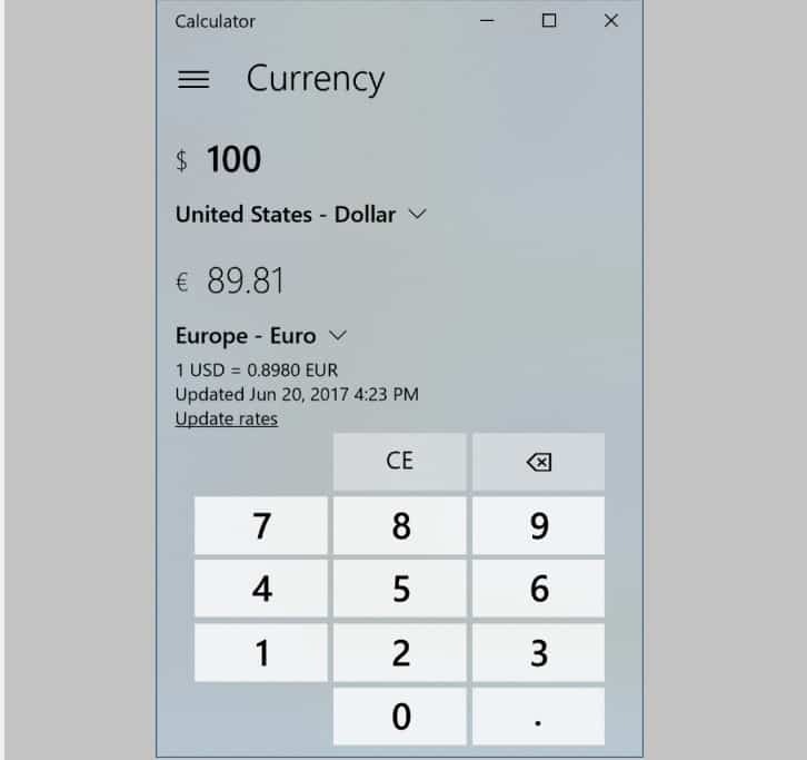 Windows 10 kalkulaator saab nüüd valuutat teisendada