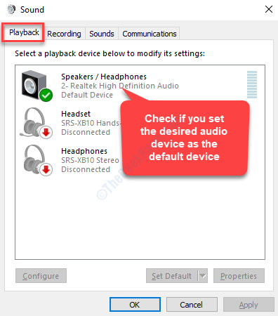 ध्वनि प्लेबैक टैब जांचें कि क्या ऑडियो डिवाइस डिफ़ॉल्ट के रूप में सेट है
