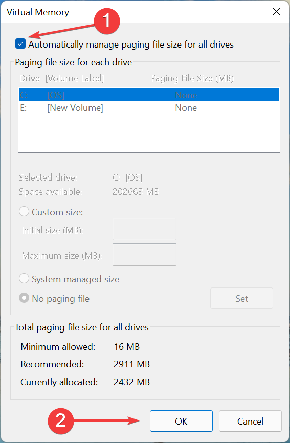 सभी ड्राइव के लिए पेजिंग फ़ाइल आकार को स्वचालित रूप से प्रबंधित करने के लिए चेकबॉक्स पर टिक करें
