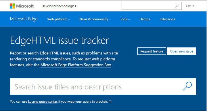 მოუყევით Microsoft- ს Edge- ში თქვენი პრობლემების შესახებ Microsoft Edge Platform Issue Tracker- ით