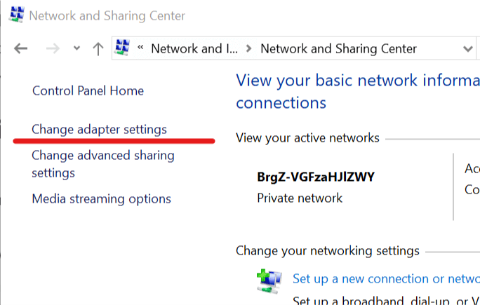 Ändra adapterinställningar - Nätverks- och delningscenter - Nätverk och internet - Windows 10
