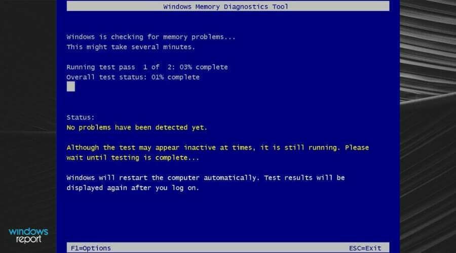 Okno skenování diagnostiky paměti systému Windows