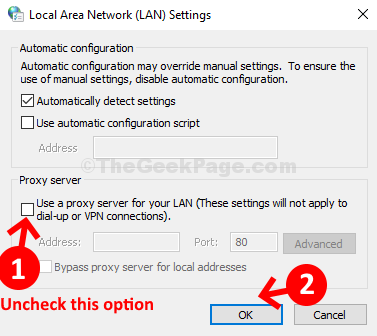 В окне настроек локальной сети снимите флажок Использовать прокси-сервер для локальной сети