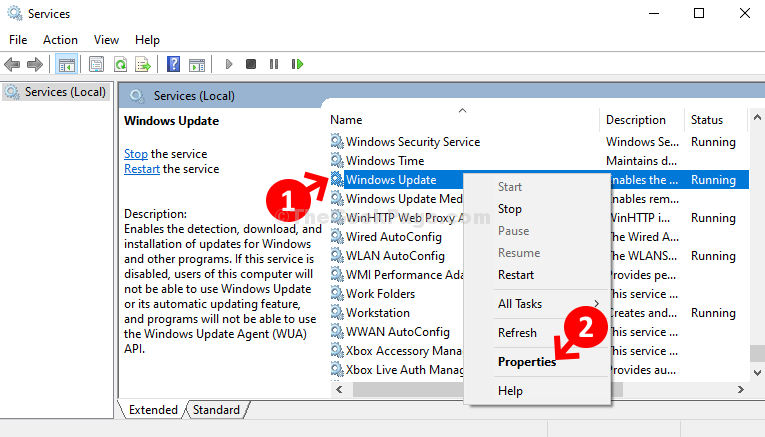 Dienstename Windows Update Rechtsklick-Eigenschaften