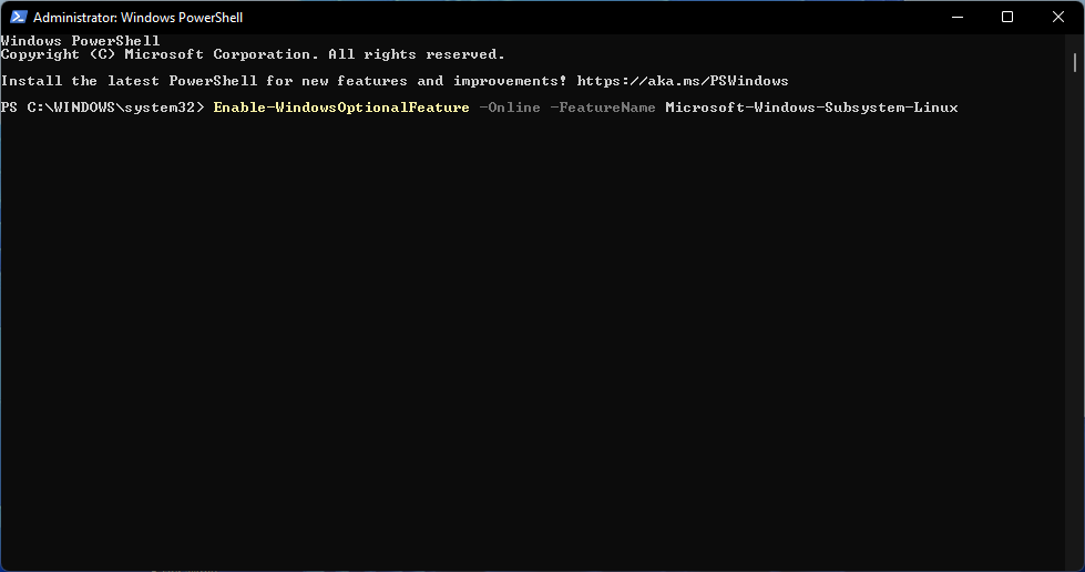 Включение WSL с помощью PowerShell для устранения ошибки WSL в Windows 11