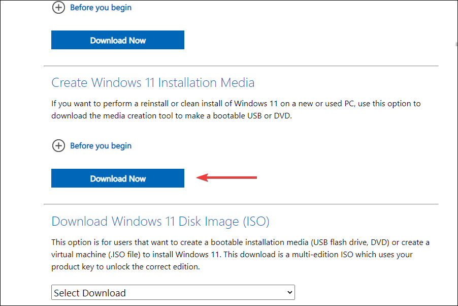 Загрузите установочный носитель Windows 11