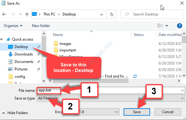 Salva come posizione desktop Nome file App.bat Salva con nome Digita tutti i file