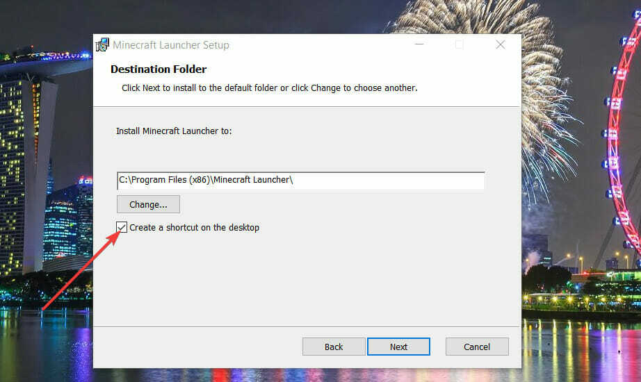 Erstellen Sie eine Verknüpfung auf dem Desktop-Kontrollkästchen Minecraft Download Windows 11