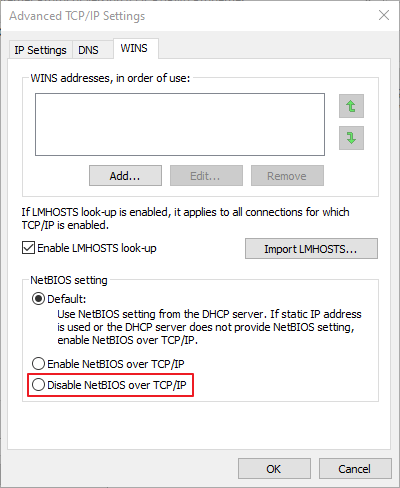 Параметр Отключить NetBIOS через TCP / IP в Windows 10 как отключить NetBIOS