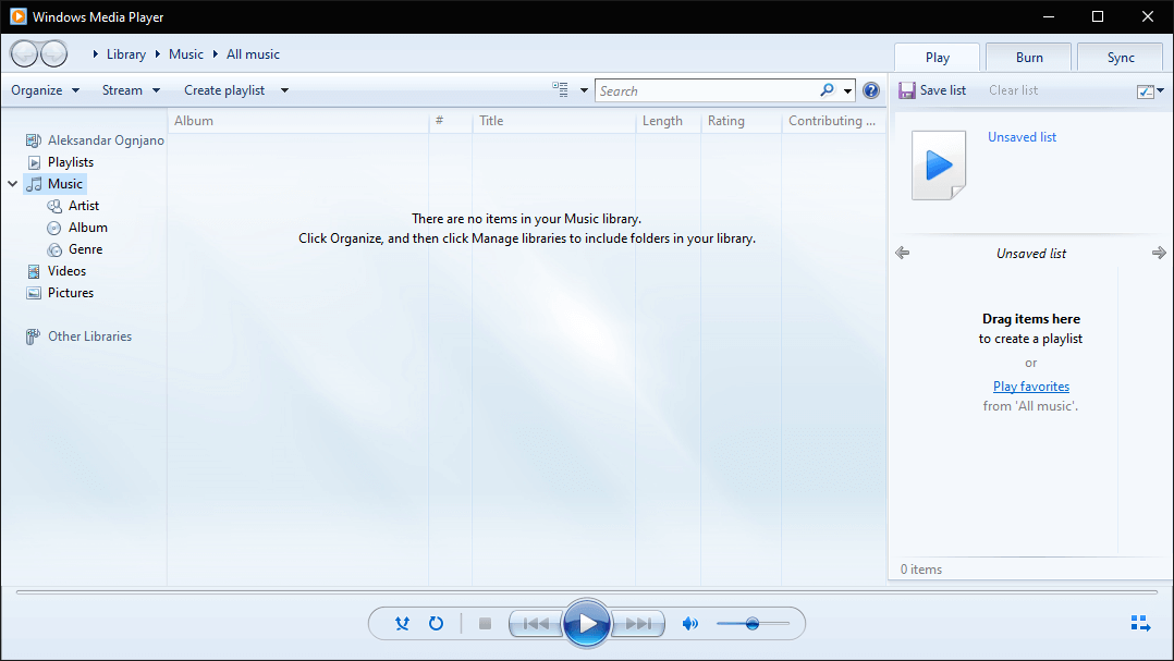 Программное обеспечение музыкальной библиотеки Windows Media Player для Windows 10