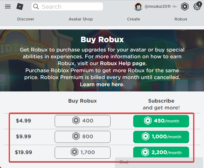 Køb Robux på Køb Robux-siden i Roblox