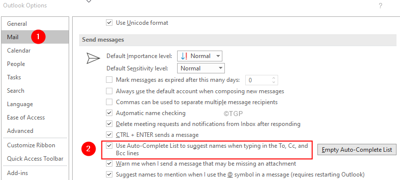Opções de email do Outlook