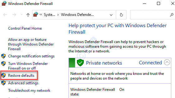 Панель управления Windows Defender Firewall Restore Defaults