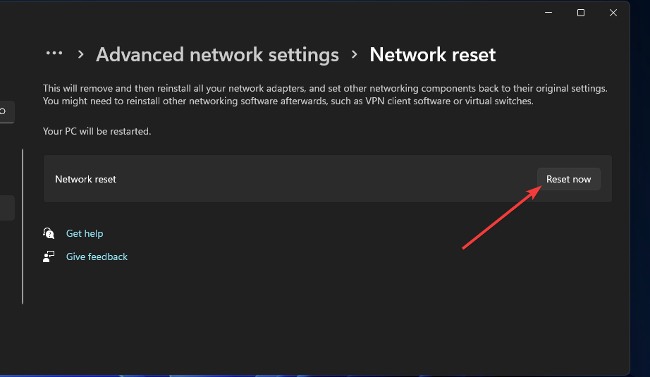 Opcija Atiestatīt tagad operētājsistēmā Windows 11 mobilais tīklājs nedarbojas