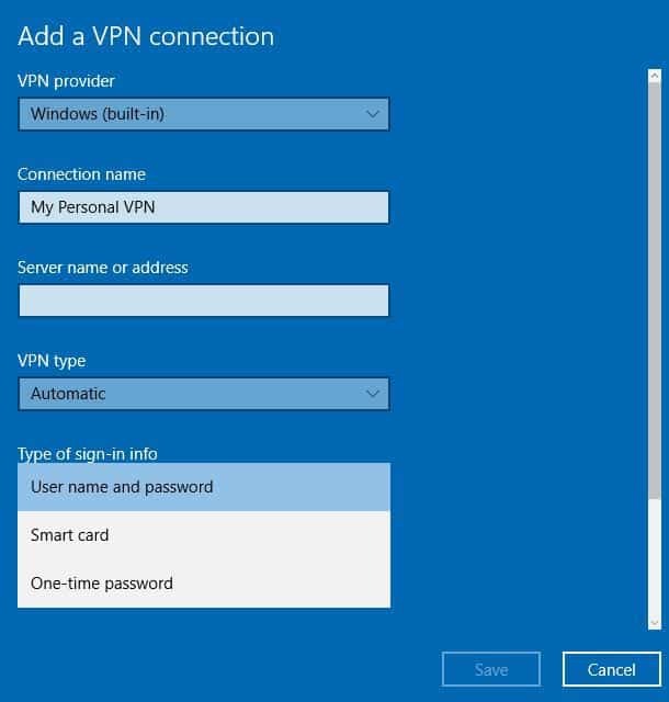 tipo di informazioni di accesso VPN per laptop