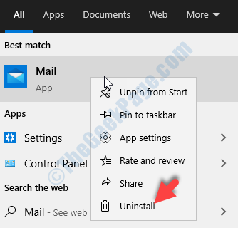 Desktop Iniciar Pesquisa Mail Clique com o botão direito em Desinstalar