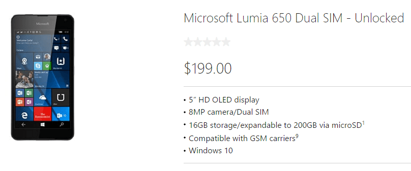 מיקרוסופט לומיה 650 שוחררה בארה"ב ובקנדה במחיר של 200 דולר