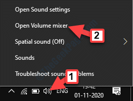 Užduočių juostos garsiakalbio piktograma Dešiniuoju pelės mygtuku spustelėkite Atidaryti „Volume Mixer“