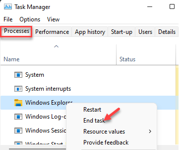 Processos do gerenciador de tarefas Processos do Windows Explorer do Windows Clique com o botão direito do mouse em Finalizar tarefa