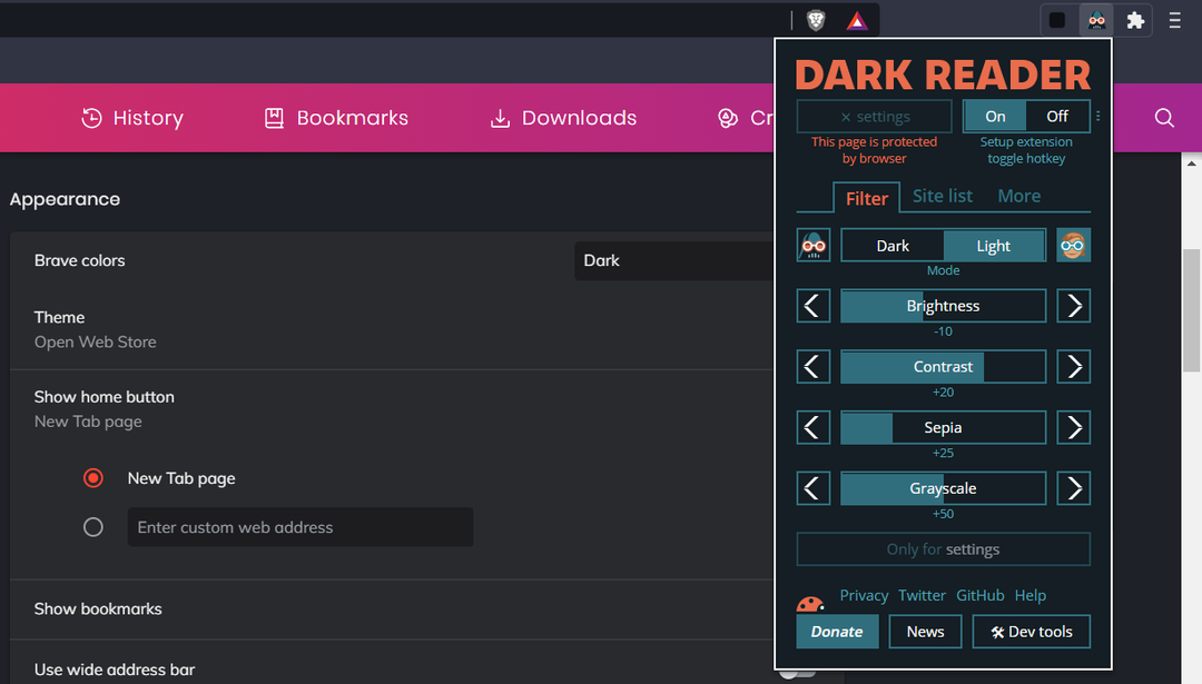 Бутонът на Dark Reader е смел тъмен режим на браузъра
