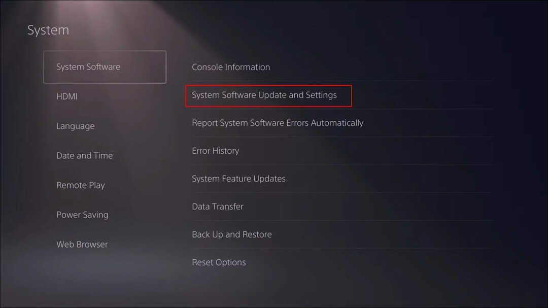 Velge System Software Update for å oppdatere programvaren til PS5