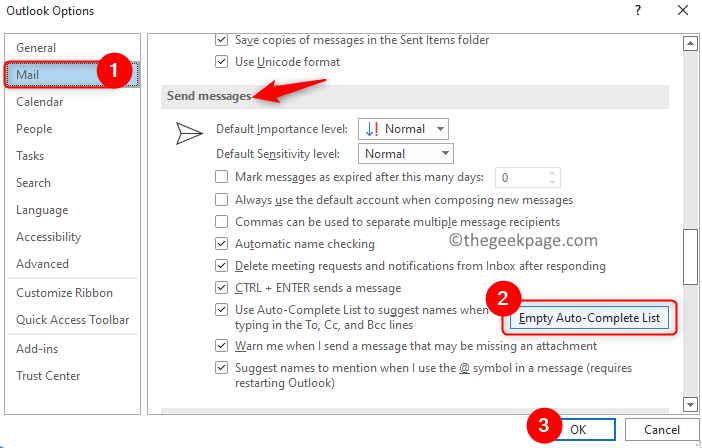 Опции на Outlook Поща Празен списък за автоматично завършване Мин