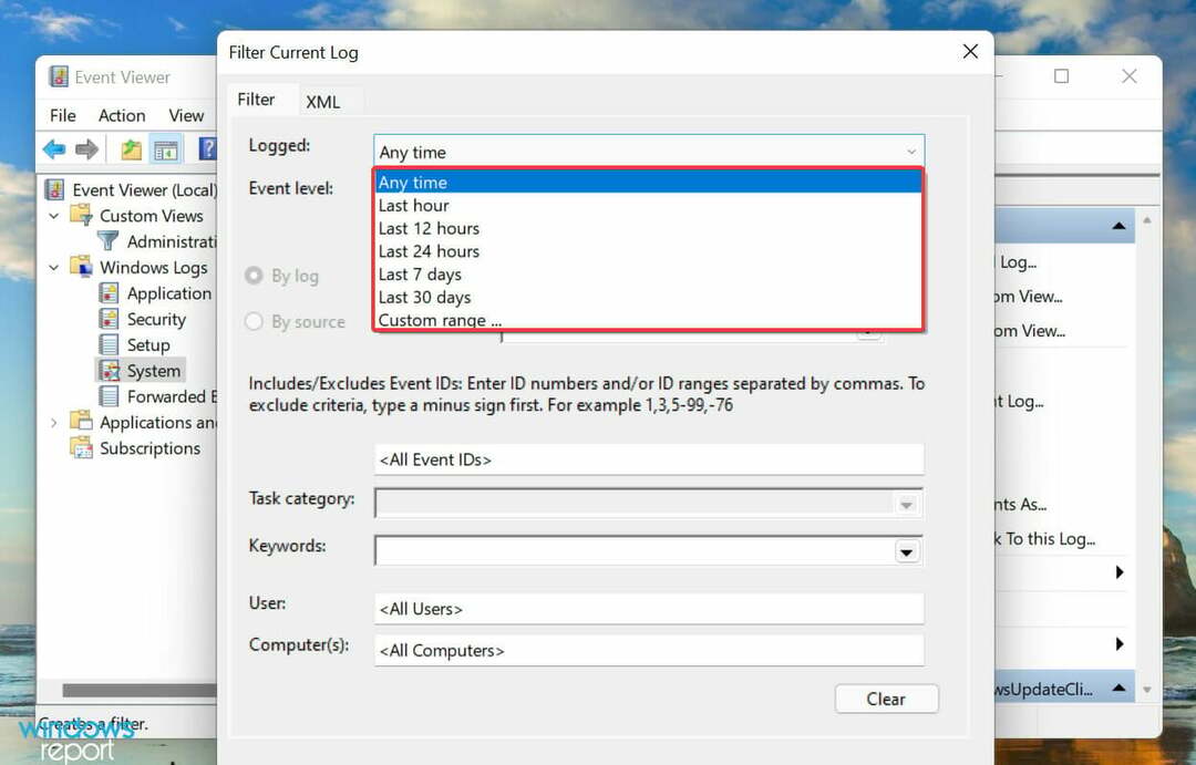 Wählen Sie die Dauer aus, um die Fehlertagebücher von Windows 11 anzuzeigen