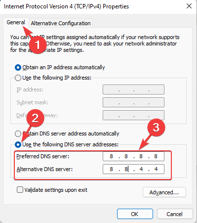 Entrez les adresses de serveur DNS dans les propriétés